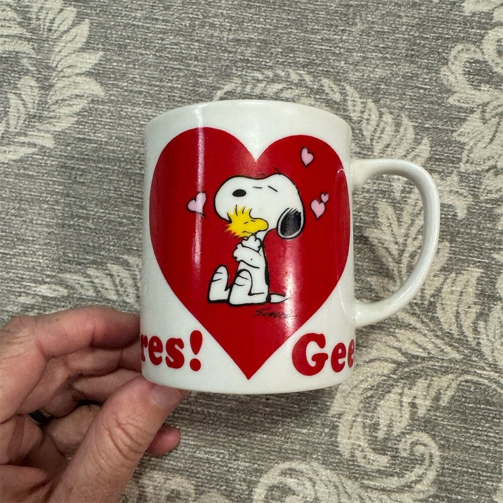 Peanuts Snoopy & Woodstock Coffee Mug White Vintage Valentine Gee Somebody Cares
